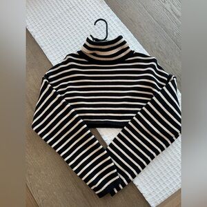 Bobbles & Lace Cropped Striped Black and White Turtleneck Sweater